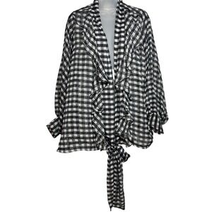 Free People Picnic Plaid Black White Gingham Sheer Ruffle Tie Front One Size Top